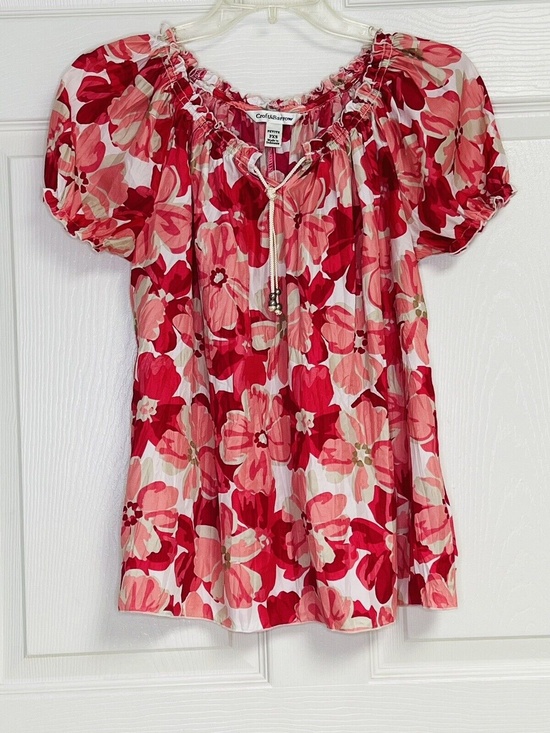 croft & barrow Tops - Croft & Barrow Pink White Tan Short Puff Sleeve Petite Womens Sz PXS Drawstring